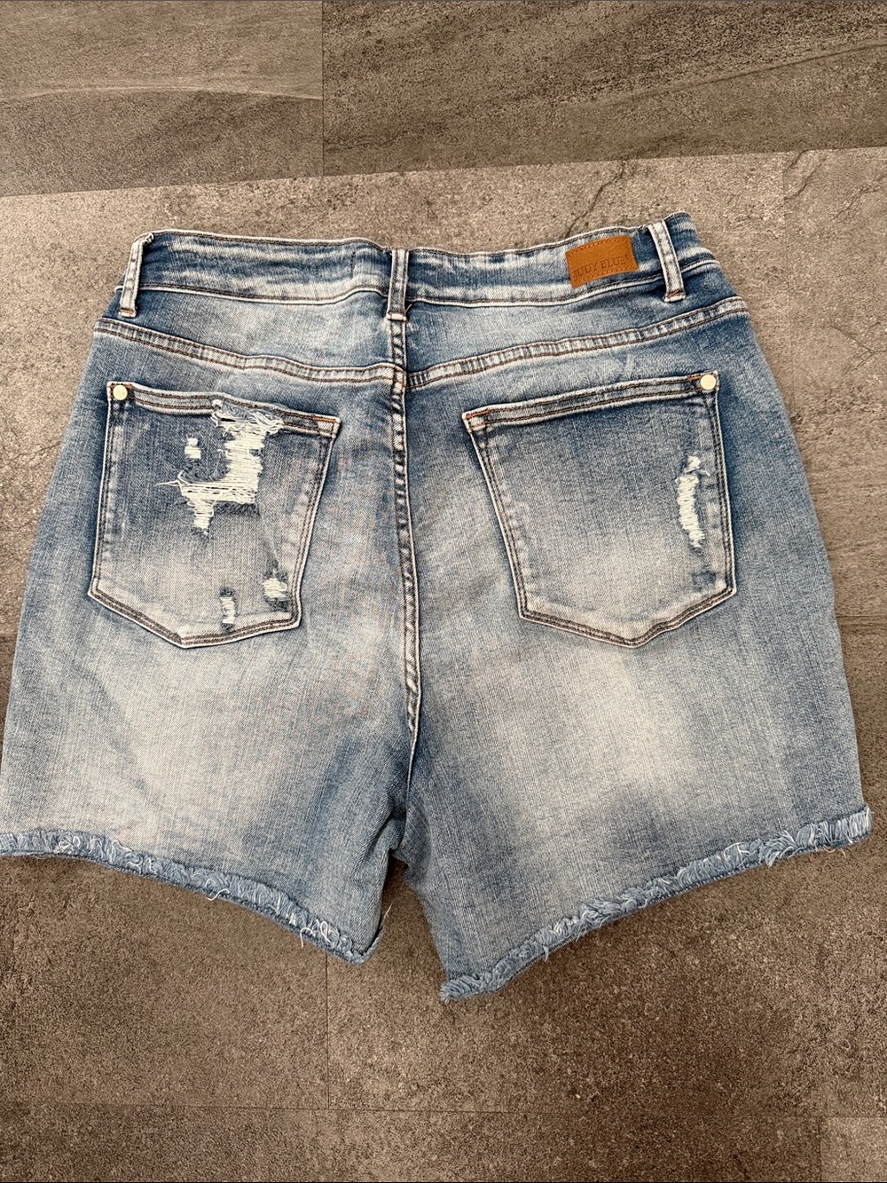Judy Blue Distressed High-Rise Button-Front Denim Shorts - Light Blue - Picture 3 of 4